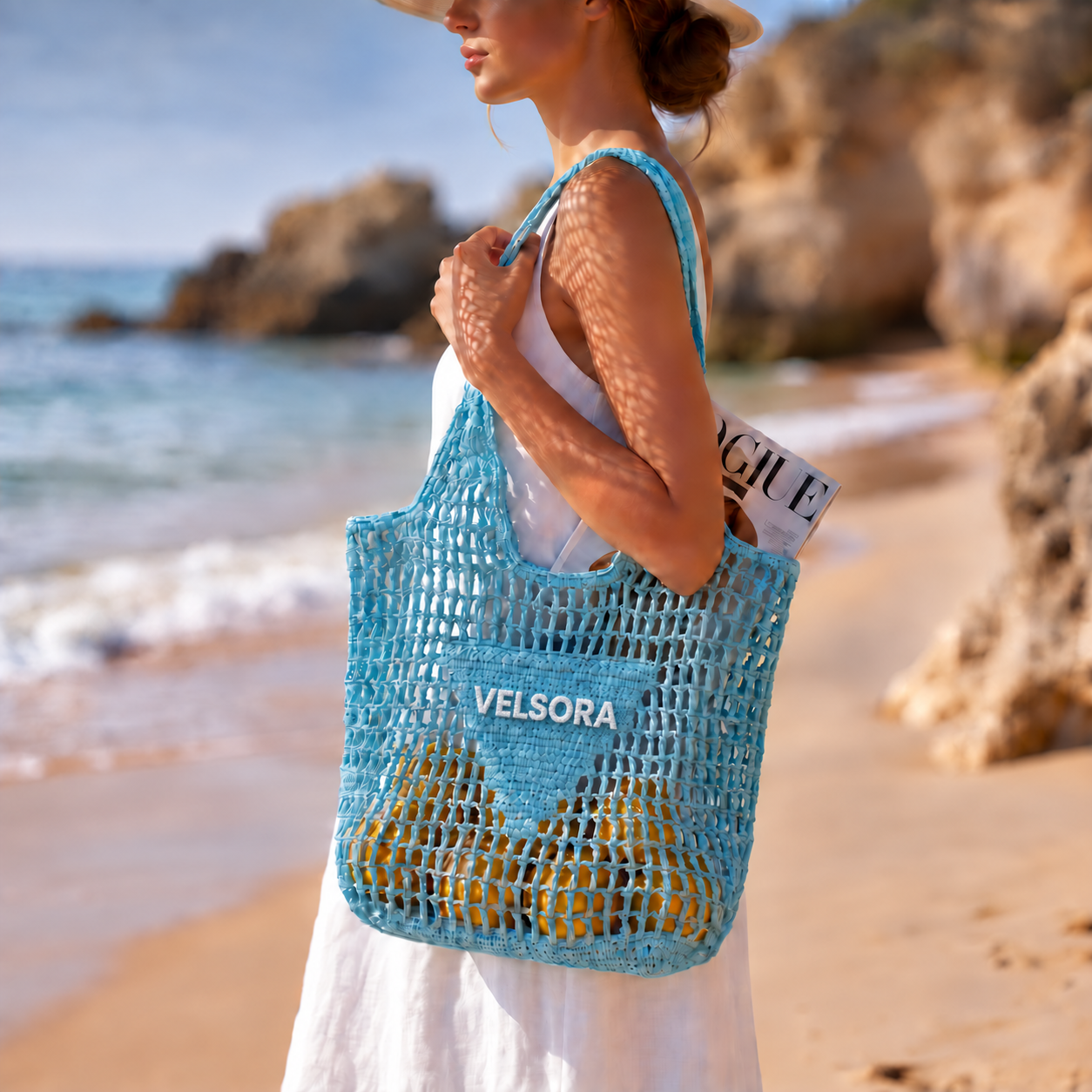 VELSORA Women’s Blue Open Weave Crochet Tote Bag